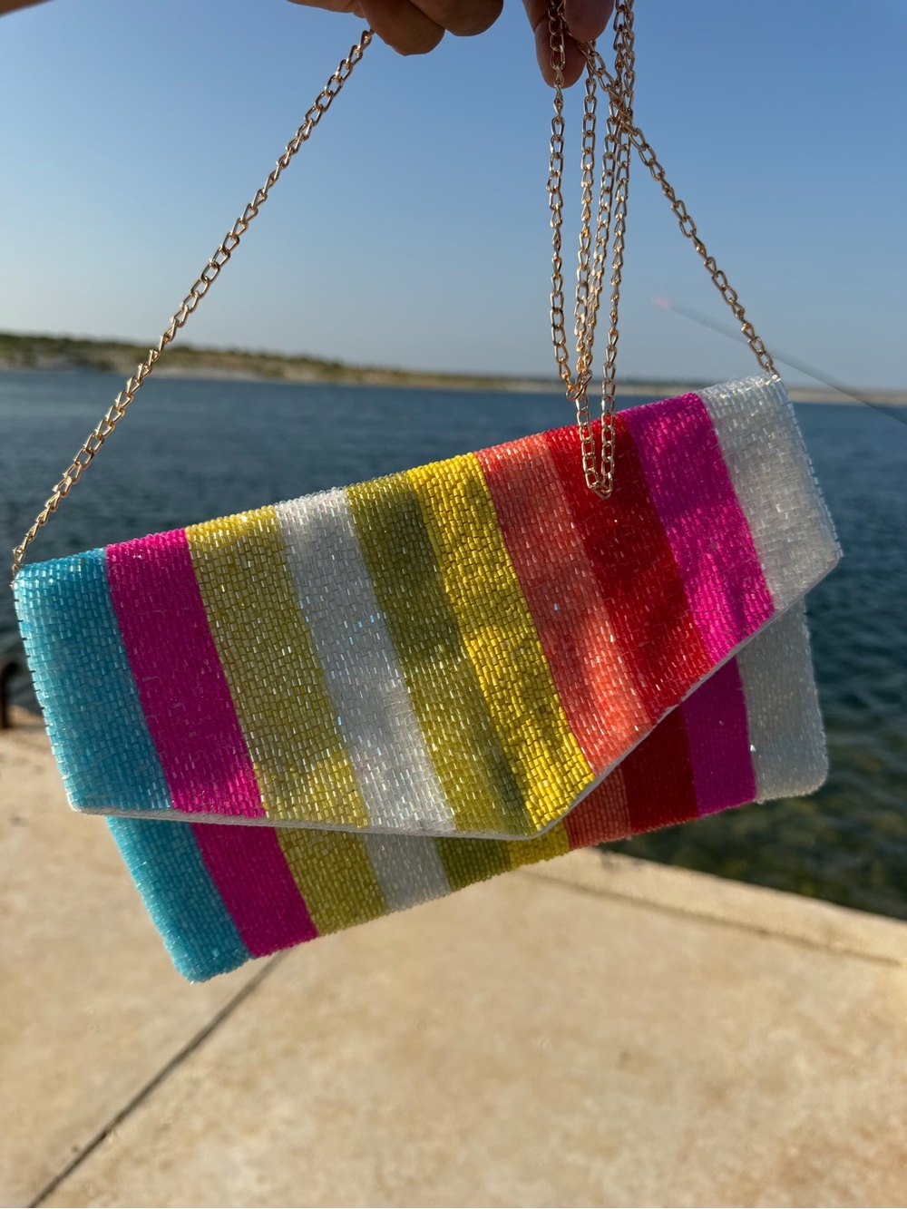 Colorful Striped Beaded Envelope Clutch Chain Strap Purse